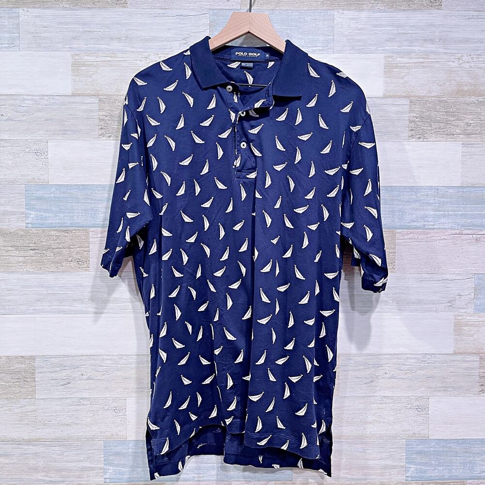 POLO GOLF Ralph Lauren Vintage Sailboat Shirt Navy Blue Cotton Mens Medium
